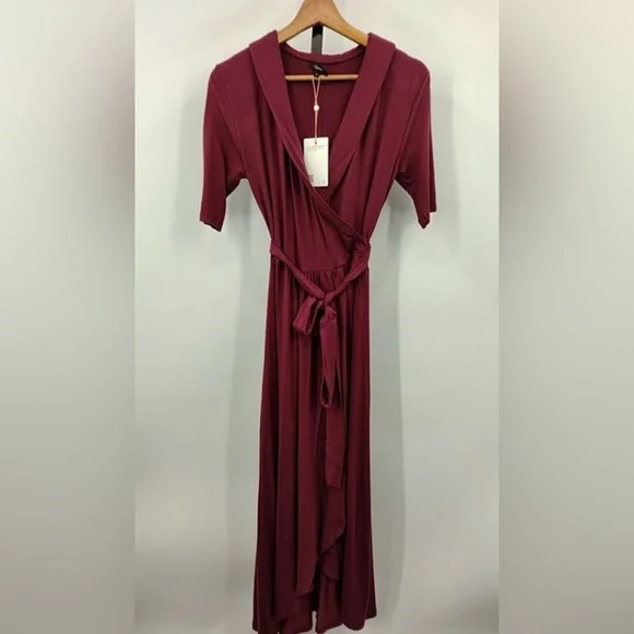 Quince Tencel Jersey Midi Wrap Dress Wine Small NWT - Picture 4 of 7